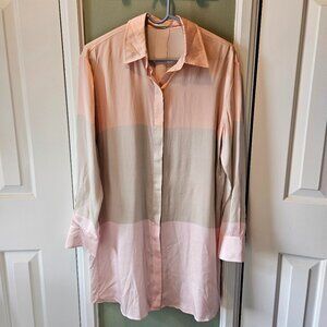 Equipment Femme Lacene Mini Shirt Dress in Rose Cloud Pink Beige Silk Medium M